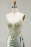 Sparkly Green Floral Mermaid Long Corset Prom Dress with Appliques