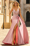 Sparkly Pink Floral Satin Mermaid Long Corset Prom Dress with Sequin