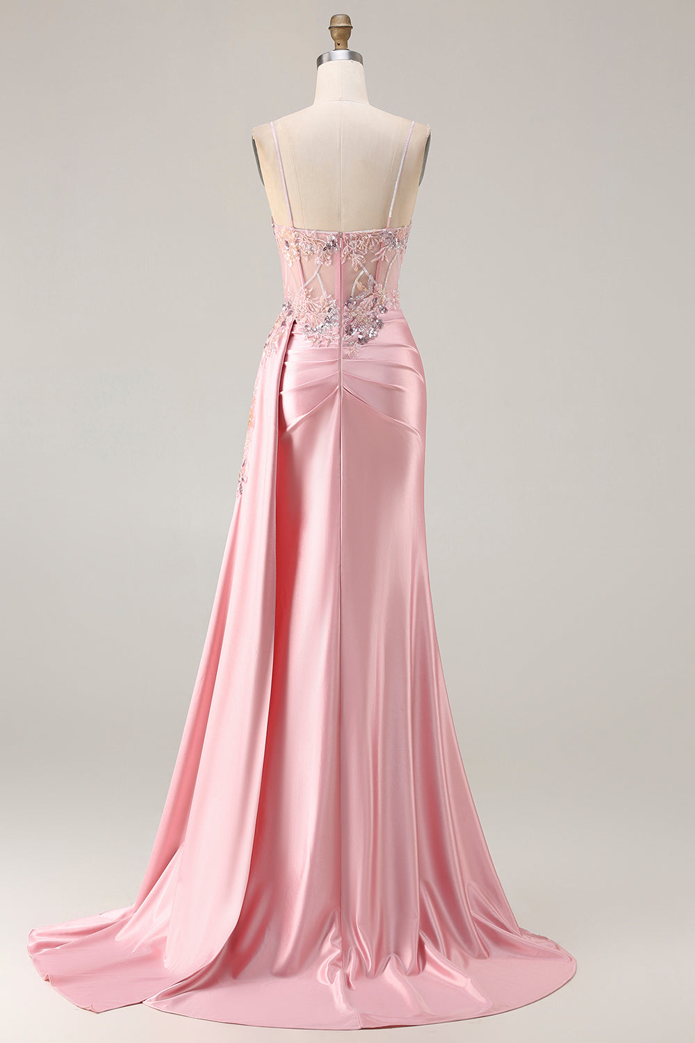 Sparkly Pink Floral Satin Mermaid Long Corset Prom Dress with Sequin