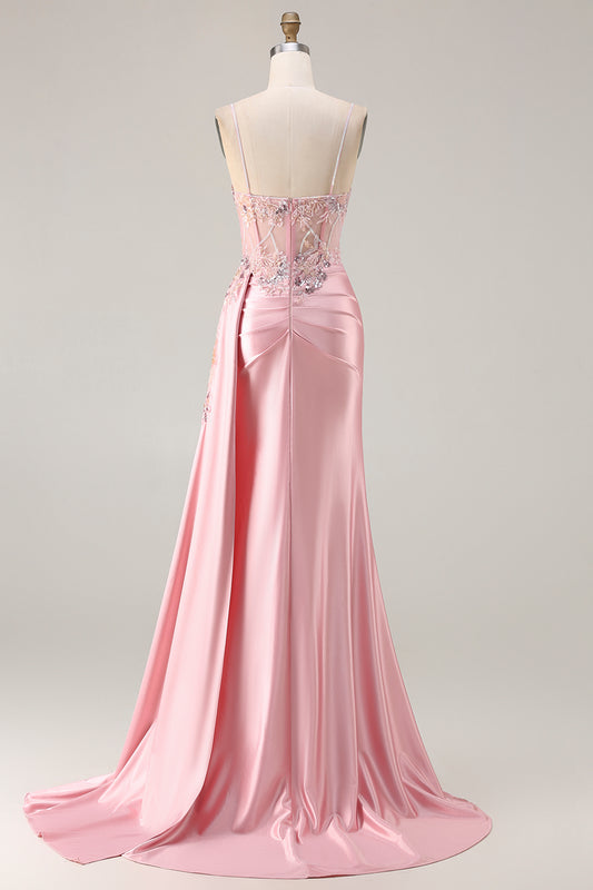 Sparkly Pink Floral Satin Mermaid Long Corset Prom Dress with Sequin