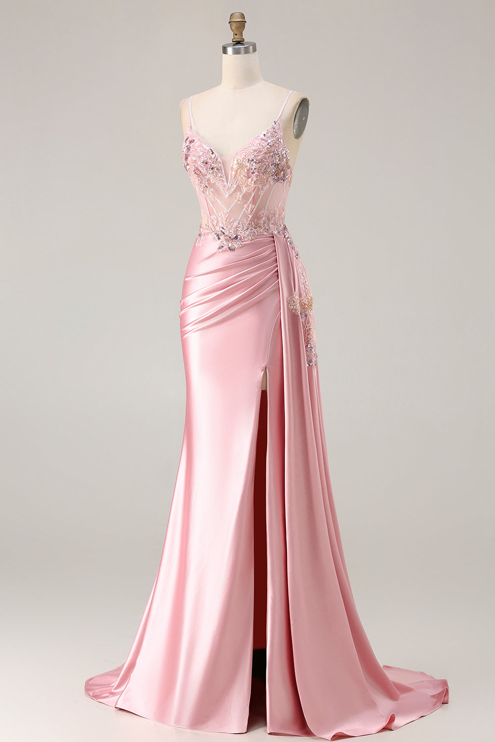 Sparkly Pink Floral Satin Mermaid Long Corset Prom Dress with Sequin