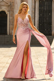 Sparkly Floral Pink Appliqued Mermaid Long Corset Prom Dress with Side Cape