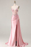 Sparkly Pink Floral Satin Mermaid Long Corset Prom Dress with Sequin