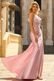 Sparkly Floral Pink Appliqued Mermaid Long Corset Prom Dress with Side Cape