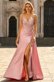 Sparkly Floral Pink Appliqued Mermaid Long Corset Prom Dress with Side Cape