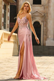 Sparkly Floral Pink Appliqued Mermaid Long Corset Prom Dress with Side Cape