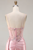 Sparkly Pink Floral Satin Mermaid Long Corset Prom Dress with Sequin