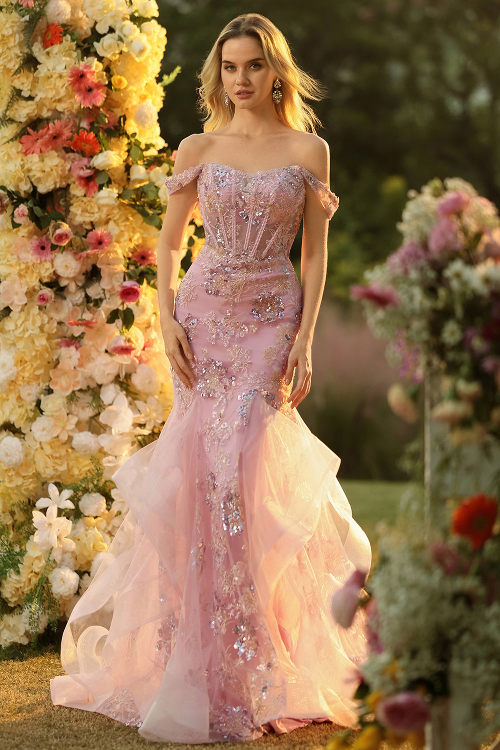 Zapakasa Women Sparkly Floral Blush Mermaid Long Corset Prom Dress with