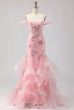 Sparkly Floral Blush Mermaid Long Corset Prom Dress with Ruffles