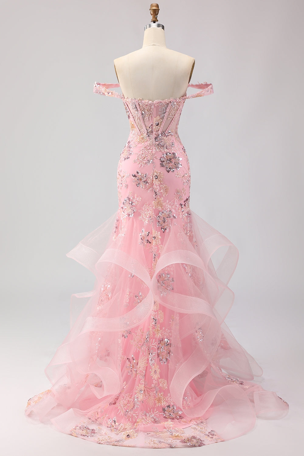 Sparkly Floral Blush Mermaid Long Corset Prom Dress with Ruffles