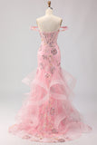 Sparkly Floral Blush Mermaid Long Corset Prom Dress with Ruffles