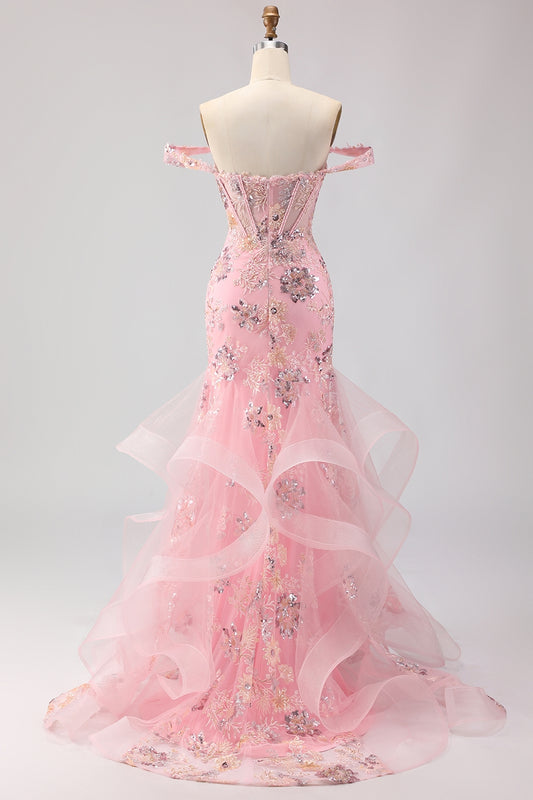 Sparkly Floral Blush Mermaid Ruffled Long Corset Prom Dress