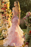 Sparkly Floral Blush Mermaid Ruffled Long Corset Prom Dress