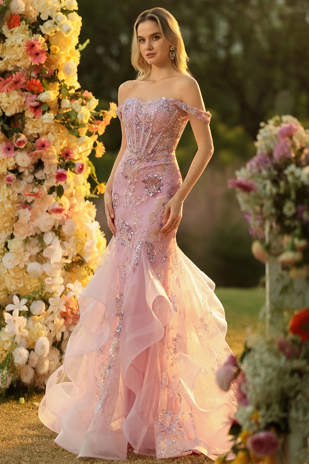Sparkly Floral Blush Mermaid Long Corset Prom Dress with Ruffles