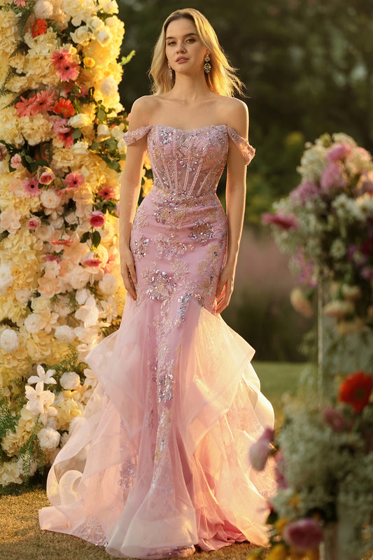 Sparkly Floral Blush Mermaid Long Corset Prom Dress with Ruffles