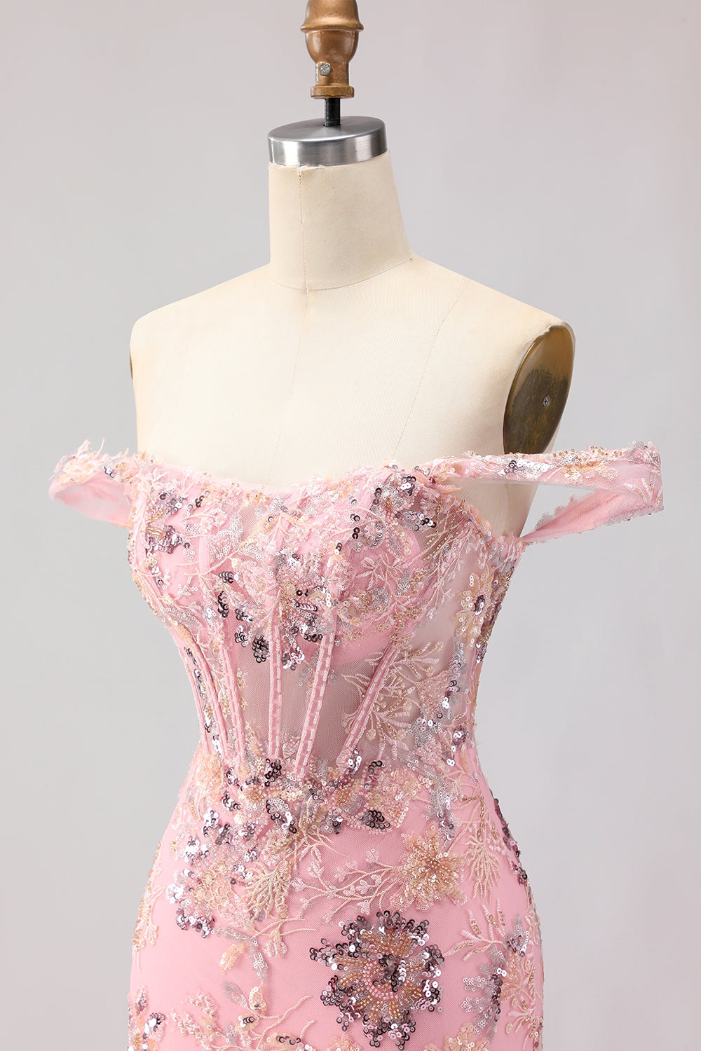 Sparkly Floral Blush Mermaid Ruffled Long Corset Prom Dress