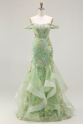 Sparkly Floral Green Mermaid Long Corset Prom Dress with Ruffles
