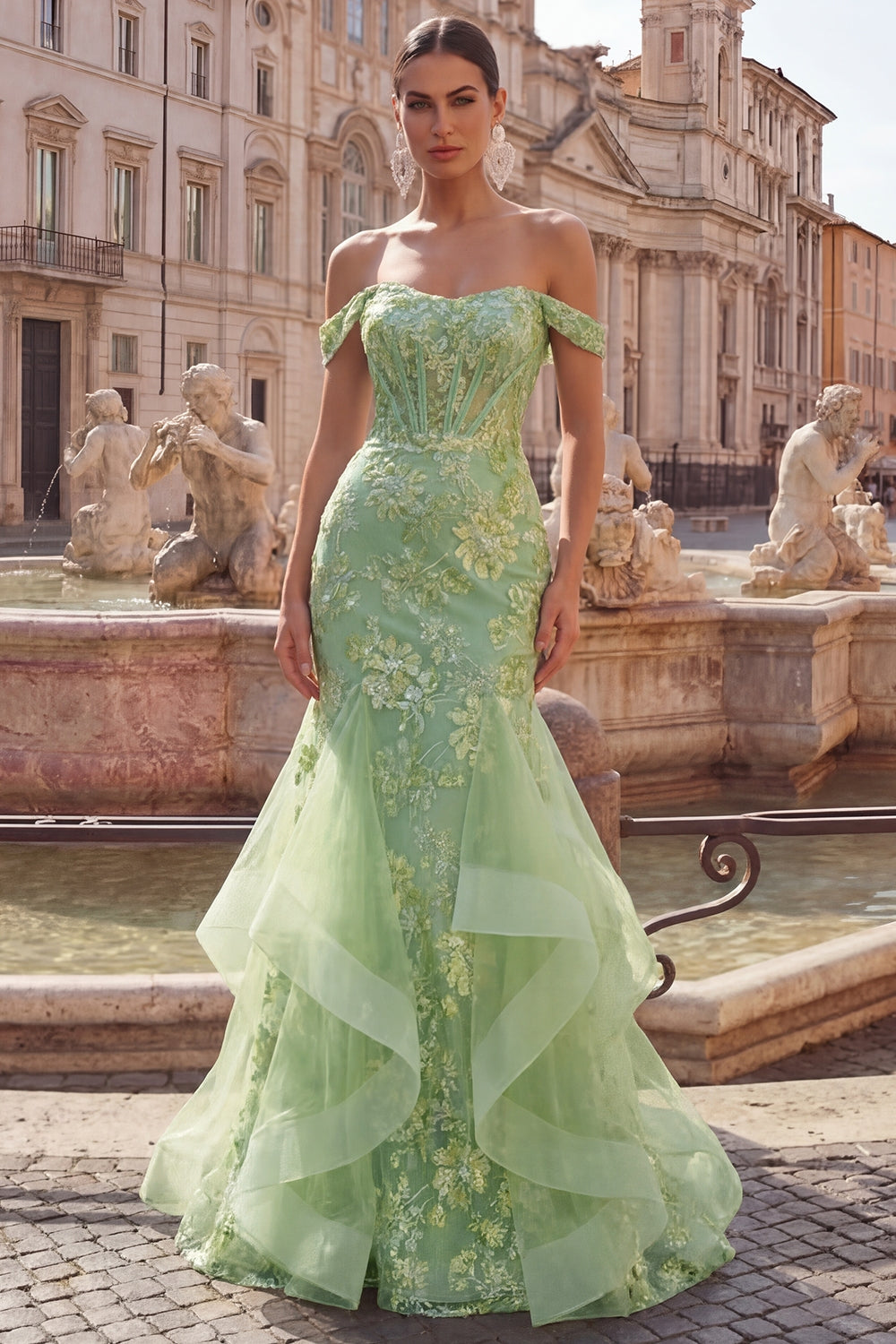 Sparkly Floral Green Mermaid Long Corset Prom Dress with Ruffles