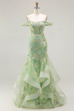 Sparkly Floral Green Mermaid Long Corset Prom Dress with Ruffles
