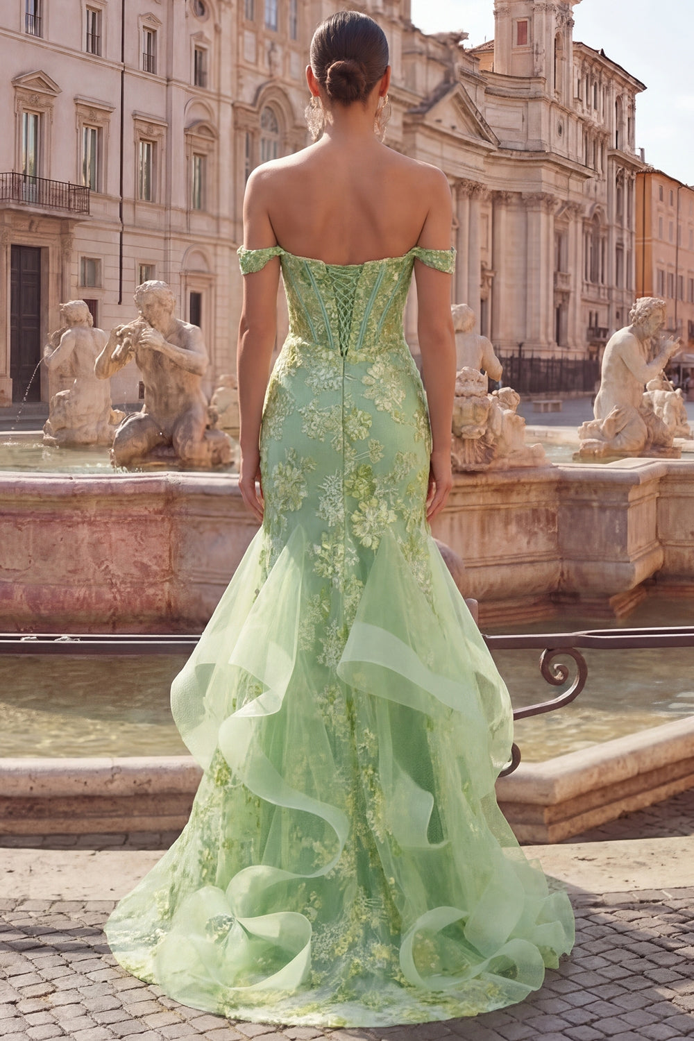 Sparkly Floral Green Mermaid Long Corset Prom Dress with Ruffles