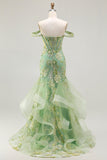 Sparkly Floral Green Mermaid Long Corset Prom Dress with Ruffles