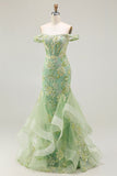Sparkly Floral Green Mermaid Long Corset Prom Dress with Ruffles