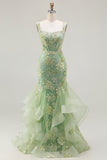 Sparkly Floral Green Mermaid Long Corset Prom Dress with Ruffles