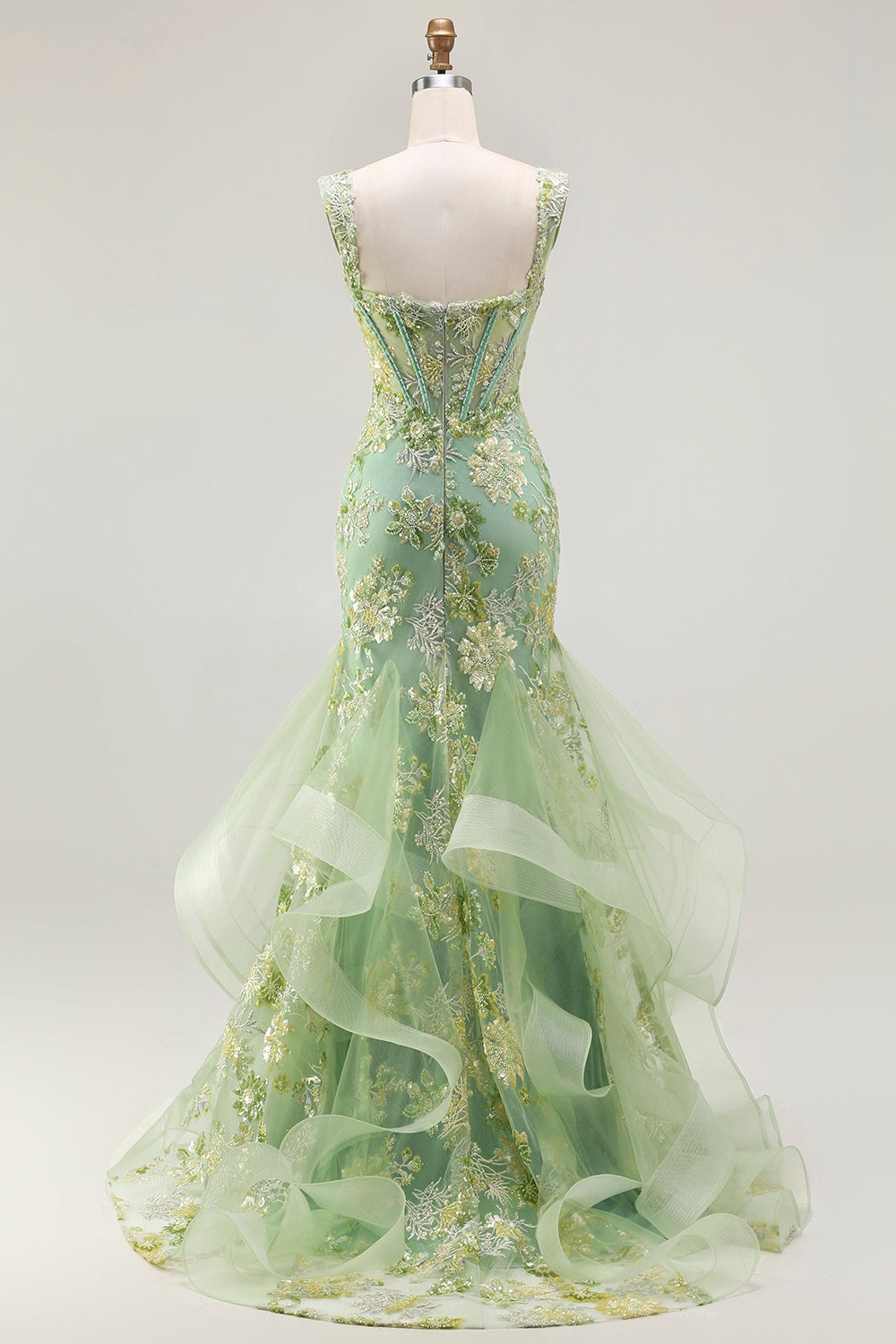 Sparkly Floral Green Mermaid Long Corset Prom Dress with Ruffles