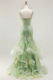 Sparkly Floral Green Mermaid Long Corset Prom Dress with Ruffles