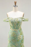 Sparkly Floral Green Mermaid Long Corset Prom Dress with Ruffles