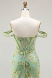 Sparkly Floral Green Mermaid Long Corset Prom Dress with Ruffles