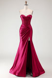 Burgundy Satin Mermaid Long Corset Prom Dress with Slit