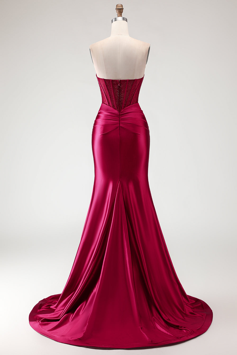 Burgundy Satin Mermaid Long Corset Prom Dress with Slit