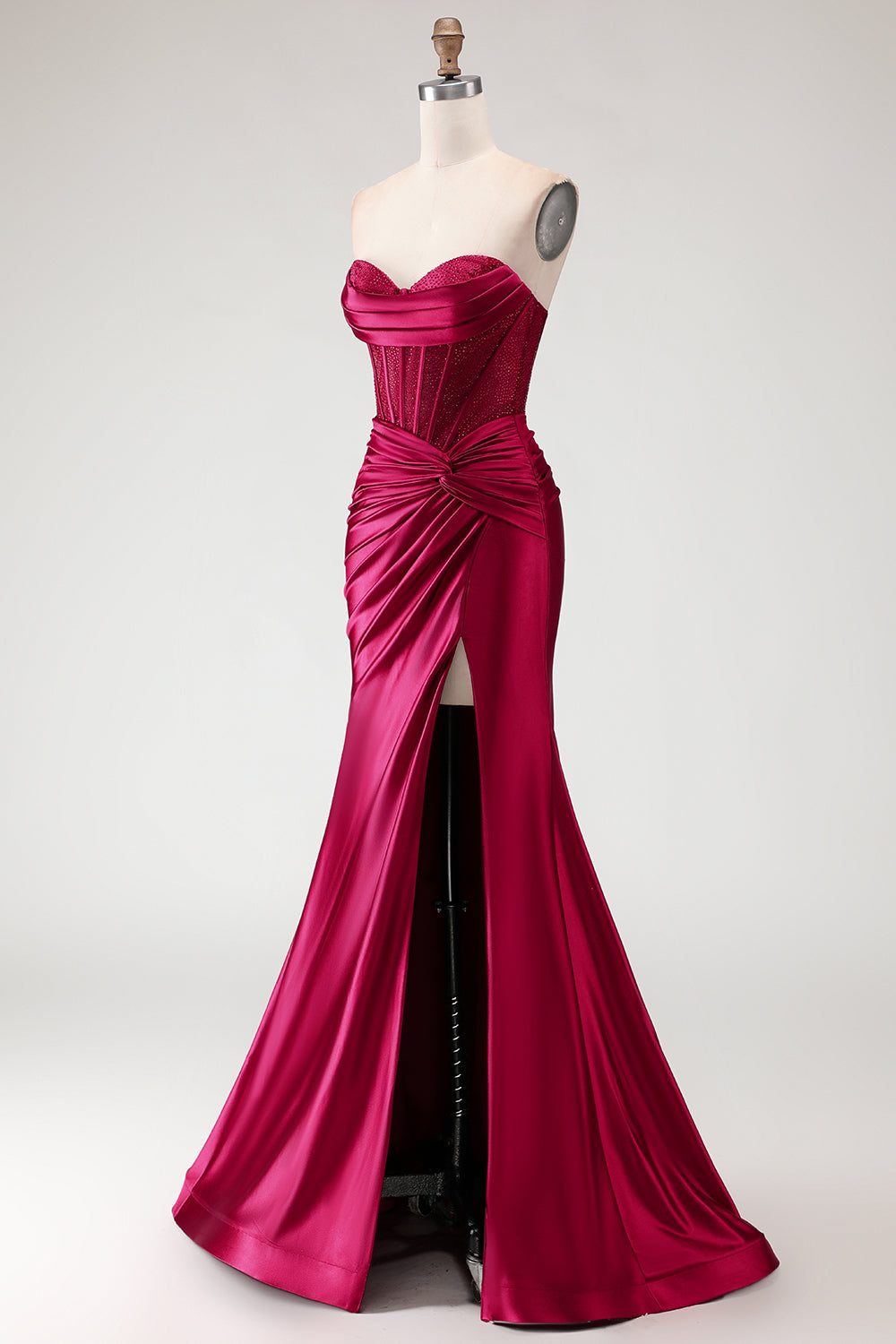 Burgundy Satin Mermaid Long Corset Prom Dress with Slit