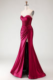 Burgundy Satin Mermaid Long Corset Prom Dress with Slit