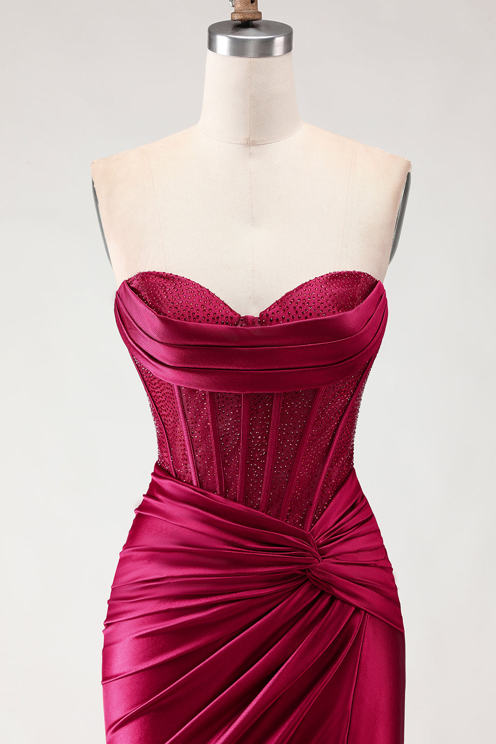 Burgundy Satin Mermaid Long Corset Prom Dress with Slit