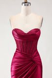 Burgundy Satin Mermaid Long Corset Prom Dress with Slit