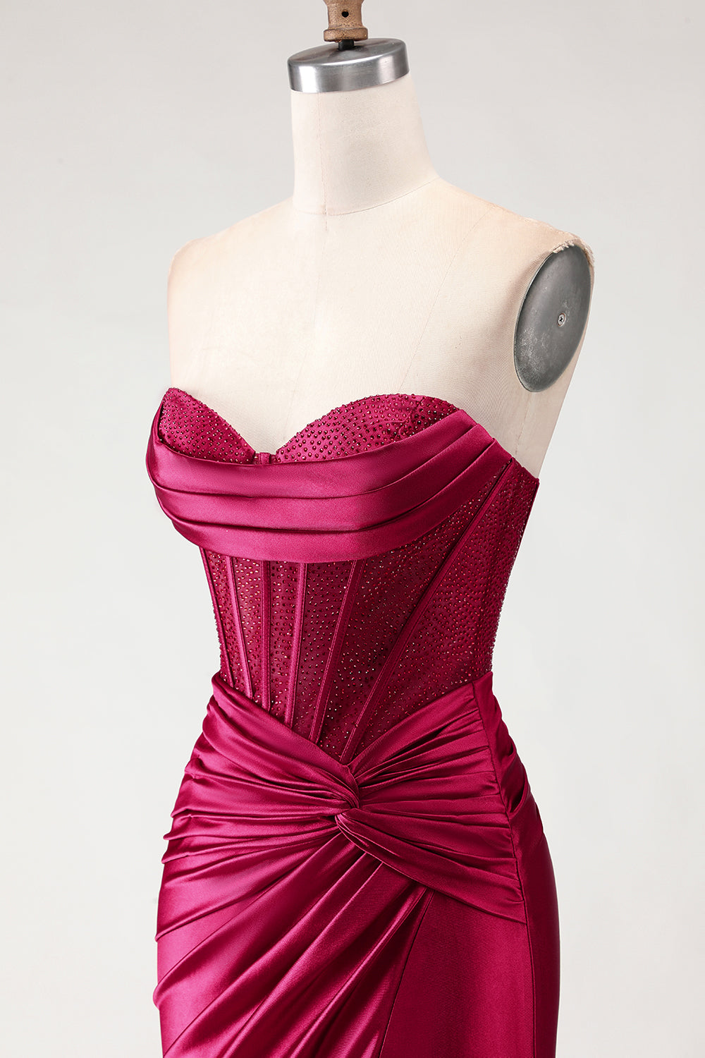 Burgundy Satin Mermaid Long Corset Prom Dress with Slit