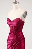 Burgundy Satin Mermaid Long Corset Prom Dress with Slit