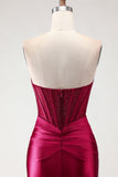 Burgundy Satin Mermaid Long Corset Prom Dress with Slit