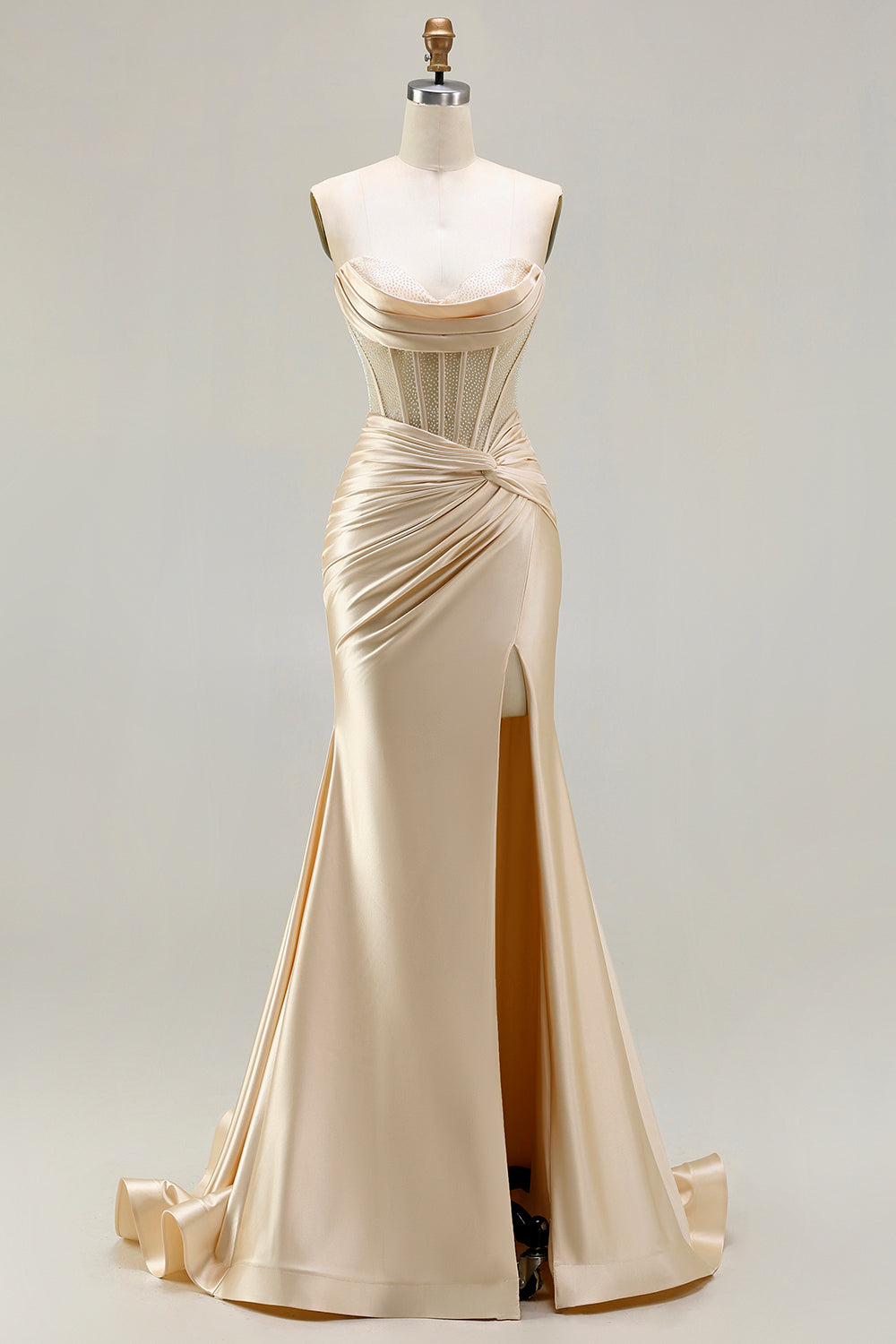 Champagne Satin Mermaid Long Corset Prom Dress with Slit