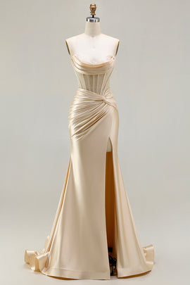 Champagne Satin Mermaid Long Corset Prom Dress with Slit