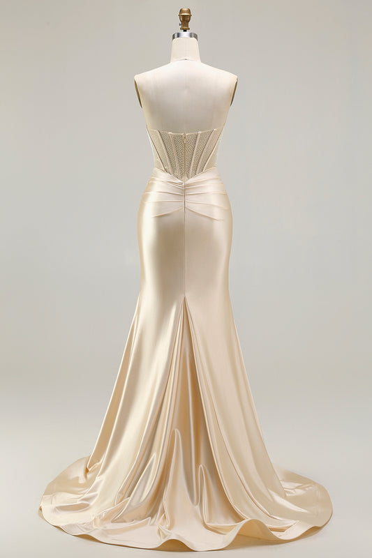 Champagne Satin Mermaid Long Corset Prom Dress with Slit