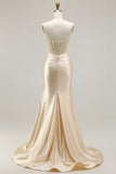 Champagne Satin Mermaid Long Corset Prom Dress with Slit