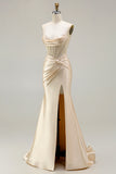 Champagne Satin Mermaid Long Corset Prom Dress with Slit
