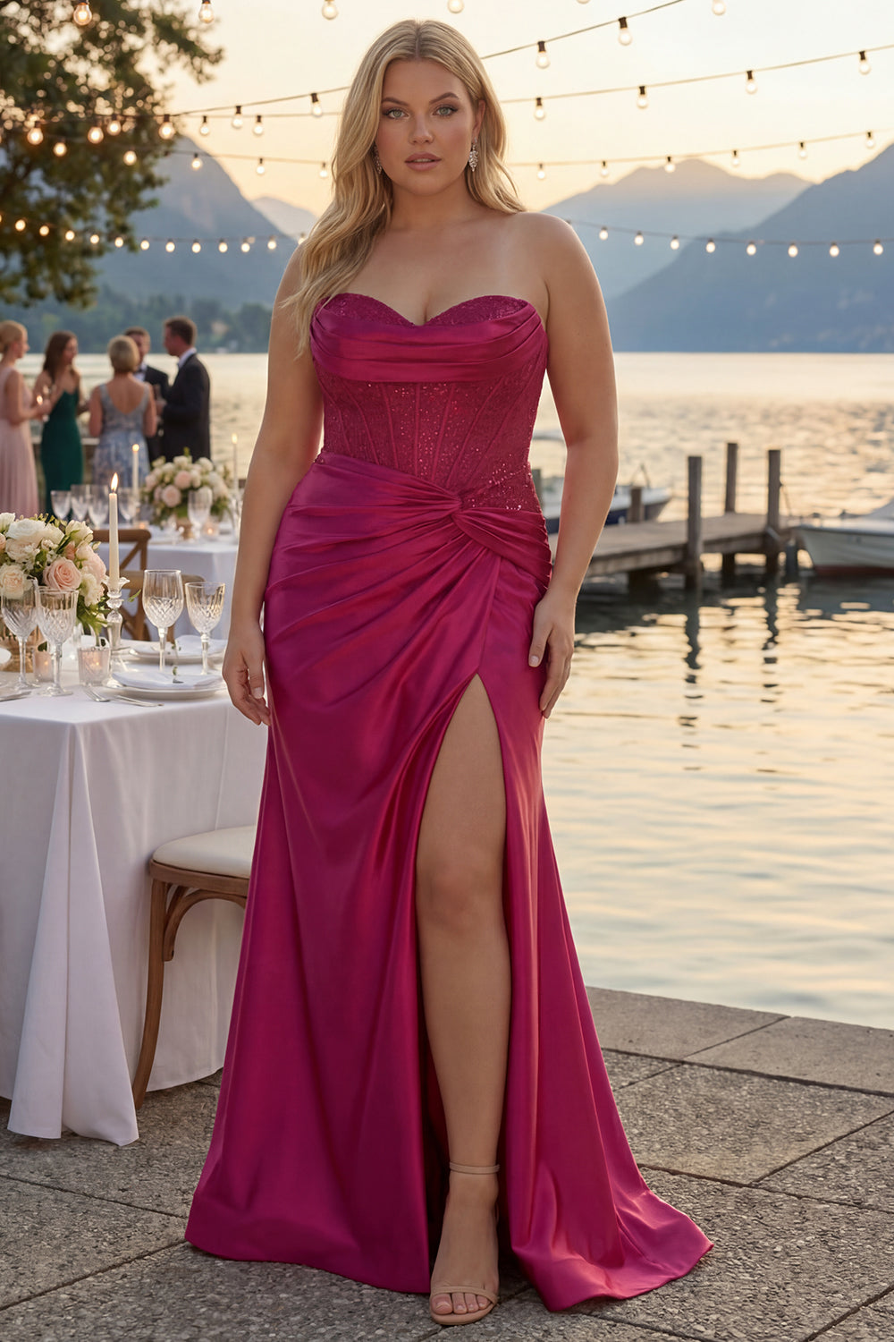 Sparkly Fuchsia Plus Size Mermaid Strapless Long Corset Prom Dress with Slit