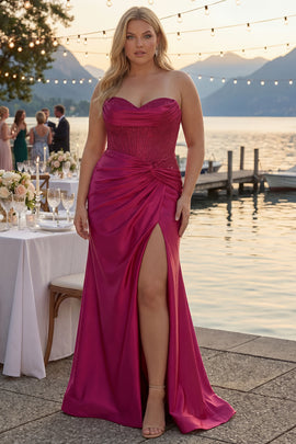 Sparkly Fuchsia Plus Size Mermaid Strapless Long Corset Prom Dress with Slit