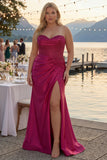 Sparkly Fuchsia Plus Size Mermaid Strapless Long Corset Prom Dress with Slit