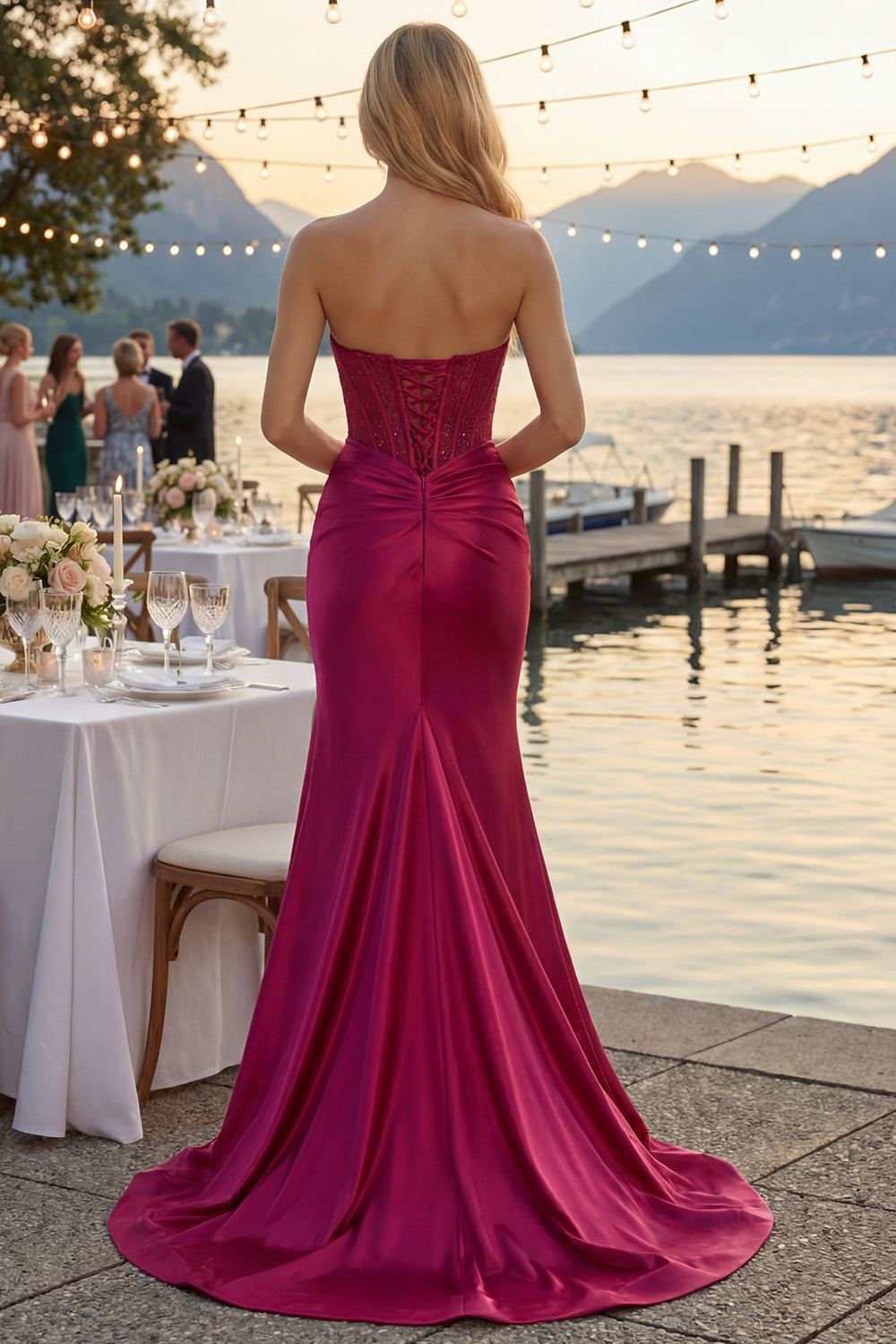 Champagne Satin Mermaid Long Corset Prom Dress with Slit