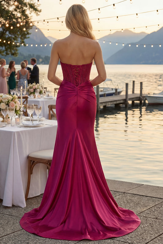 Burgundy Satin Mermaid Long Corset Prom Dress with Slit
